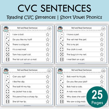 CVC Sentence Reading Worksheets | Short Vowel Phonics Word Families, T-244