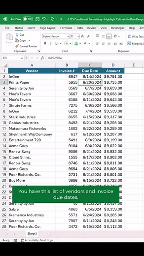 If you want to highlight cells that are in the current week, use Conditional Formatting to help out. Conditional Formatting is a general term that means cells are formatted based on certain conditions. Excel has a default setting to highlight cells based on a relative date reference. Use this if you want to highlight when invoices are coming due, like in this example.You can also create a custom formula using Conditional Formatting and the TODAY function. But the option in this video is much sim