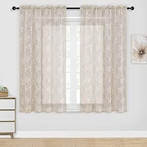 DWCN Floral Lace Sheer Curtains - Rod Pocket Window Voile Sheer Drapes for Bedroom Kitchen Small Windows Short Curtain Panels 52 x 45 inch Length, Set of 2, Beige
