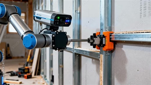 AIpowered robotic system scanning wall frames while automatically aligning and attaching drywall panels with high accuracy.