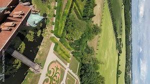 Aerial view of the castle near Copenhagen, Denmark. Medieval architecture in a beautiful countryside landscape. High quality 4k footage