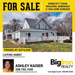 JUST LISTED! Selling with BigIron Realty is a 3.125± acre acreage located at 50585 811th Road, Spalding, Greeley County, Nebraska. This 4 bedroom, 4 bath country acreage offers a spacious 2,384 sq. ft. home with an open kitchen, large dining room, master suite with walk-in shower and jacuzzi tub, plus an office with its own entrance. Upstairs includes 3 bedrooms and a claw-foot tub, and the basement features a big rec room, nonconforming bedroom, and full bath. Property includes a 3-stall open-f