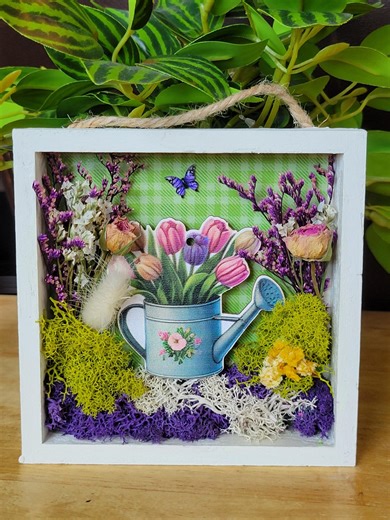3D Flower Shadow Box Art - Preserved Moss & Dried Floral Wall Decor - Miniature Garden Watering Can Frame - Cottagecore Gift - Etsy