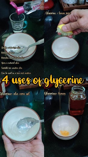 Beautytipsbyzu on Instagram: "Uses of glycerine Benefits of Glycerine + Rose Water Spray Deeply moisturizes skin Reduces dryness Refreshes and cools the skin Gives a natural glow Suitable for sensitive skin Can be used as a face mist anytime Benefits of Glycerine + Lemon Juice Moisturizes dry skin Helps lighten tan and dullness Improves skin brightness Softens rough areas (hands, feet, elbows) Helps remove dead skin gently Benefits of Glycerine + Honey Deeply moisturizes and nourishes skin Makes
