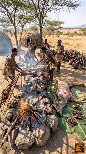 EXTREME! Hadzabe Fire Heat Cooking 🔥Traditional Village Food #tribalfood #primitivecooking #shorts