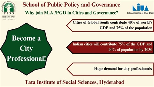 Tata Institute of Social Sciences on Instagram: "The School of Public Policy and Governance - TISS, Hyderabad announces admissions for M.A./P.G. Diploma in Cities and Governance for the 2025-2026 academic year through CUET PG 2025. The programmes feature a state-of-the-art curriculum, innovative pedagogy, internship-based capstone projects, and excellent placement opportunities. Eligibility: PG-CUET Test Score: COQP 10 / COQP 11 / HUQP 22 For queries, please contact sppg-secretariat.outreach@tis