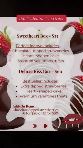 💋 VALENTINE’S DAY TREAT BOXES ARE HERE 💋 Because love deserves something sweet. Our limited‑edition Valentine’s Day Treat Boxes are handcrafted to impress, indulge, and be shared 💝 — perfect for date night, Galentine’s, or gifting someone special. ✨ What’s inside: 🍓 Chocolate‑dipped strawberries 🍰 Heart‑shaped cake 🍬 Assorted Valentine’s treats 💎 Premium chocolate & specialty sweets 💘 Sweetheart Box — $35 Perfect for two and filled with our signature dipped strawberries, heart‑shaped cak