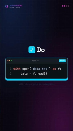 Python mistake #09 — opening files without with. The fix in 17 seconds.