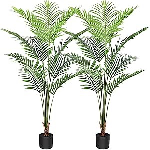 CROSOFMI Artificial Areca Palm Tree 5Ft Fake Tropical Palm Plant,Perfect Faux Dypsis Lutescens Plants in Pot for Indoor Outdoor Home Office Garden Modern Decoration Housewarming Gift，2Pack