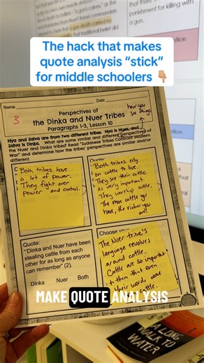 Emily || Middle School ELA on Instagram: "✨ From sticky notes to strong essays! ✨ In this activity, my 7th graders start by pulling key quotes from a text and writing their analysis on sticky notes that cover the quote—making quote analysis a hands-on event. 🙌🏼 This sets them up to write short responses using the RACCE strategy (Restate, Answer, Cite, Cite, Explain). Students see how their sticky note analysis becomes the backbone of their writing, helping them choose powerful quotes and expla