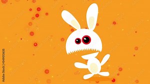 scary bunny looking like a monster with red eyes and opening its big toothy mouth with expression of being screaming with gory fireballs approaching the screen exploding