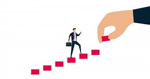 4k animation of Helping hand to support on career development, businessman in suit walking with ambition on wooden stair with human hand help make rising stairway.