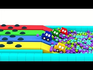 4 carros coloridos. Uma corrida com obstáculos. Desenho animado.