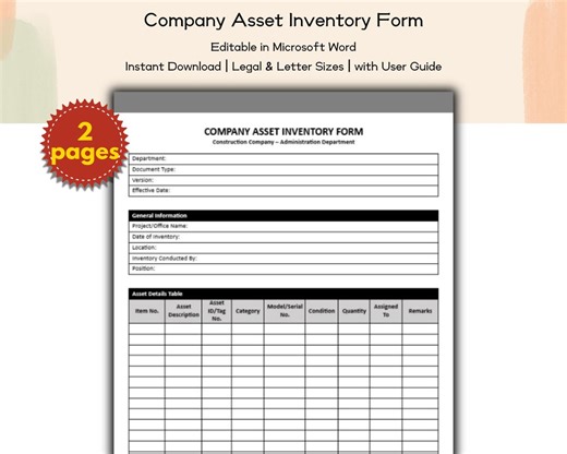 Construction Company Asset Inventory Form Editable and Printable Template, Human Resources, Skilled Workers, Contractor HR, Asset Form - Etsy