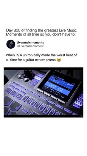 Live Music Moments on Instagram: "In an unofficial Guitar Center promo video that surfaced online, Wu‑Tang Clan’s legendary producer RZA was filmed at a Guitar Center store attempting to craft a beat live on a Beat Thang beat‑making machine, layering sounds and sequences on the spot. Rather than showcasing his classic boom‑bap production style made famous on albums like Enter the Wu‑Tang (36 Chambers), the beat he created in that clip came out awkward and chaotic, leading viewers to label it com