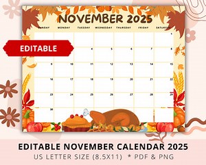 Editable November Calendar 2025, Teacher Calendar, Thanksgiving 2025 Calendar