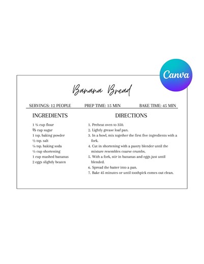 MINIMAL Recipe Card Canva Template | Personalized Recipe 4x6 5x7 A5 A6 - Etsy
