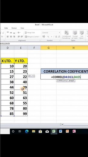 Correlation coefficient formula in Excel | #msexcel #exceltipsandtricks #youtubeshorts