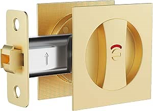 goldenwarm Brushed Gold Square Pocket Door Lock with Indicator, Pocket Door Hardware for 2-1/8'' Round Bore Hole, Pocket Door Handles Fit 1-1/4'' to 2'' Thickness Sliding Door 2-3/8'' Latch 1 Pack