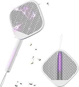 Fly Swatter Electric Zapper Rechargeable, Mosquito Zapper Racket Kills Mosquitoes in Corners, Fly Zapper Folding Hanging Standing Handheld LED UV Bug Trap Light for Indoor Outdoor