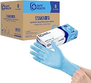 Safe Health NITRO-V Nitrile-Vinyl Synthetic Exam Disposable Gloves, Latex Free, Powder Free, Blue, Case of 1000, Small, Medical Grade, Clinic, Nursing, Food, Hair Salon, Cleaning, Housework