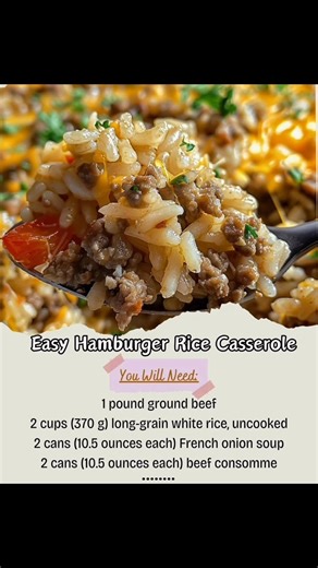 Easy Hamburger Rice Casserole A Hearty and Flavorful Comfort Dish Ingredients: 1 pound ground beef 2 cups (370 g) long-grain white rice, uncooked ...... Full Recipe in Coʍmеոτ 💬 | Galore Recipes