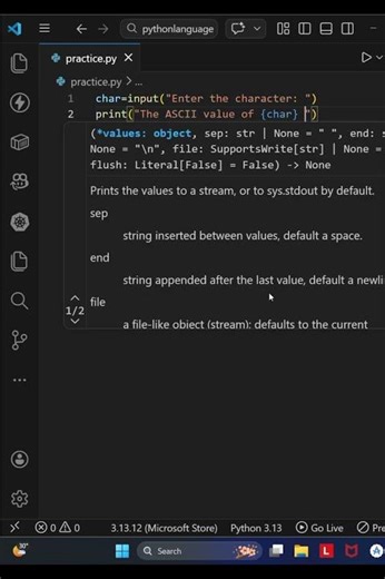 27 Python Program to find the ascii value of a character #ascii #learnpython #coding