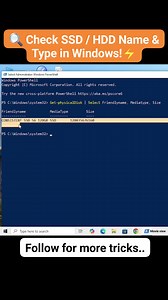 Want to know whether your computer has SSD or HDD? 🤔 Using Windows PowerShell, you can instantly check your disk name, type (SSD/HDD), and model in just one command! 💻⚡ 🔹 Open PowerShell as Administrator 🔹 Run the command 🔹 See disk name, type & size instantly Perfect for Windows 10 & Windows 11 users, IT students, and beginners 👨‍💻👩‍💻 👍 Like | 💬 Comment | 🔁 Share | 🔔 Follow for more Windows tips #WindowsTips #PowerShell #SSD #HDD #Windows10 #Windows11 #ComputerBasics #TechShorts #P