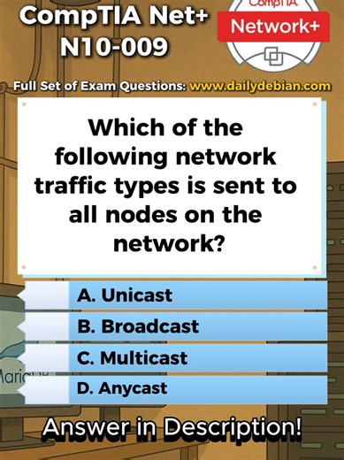 Correct Answer: B. Broadcast. Broadcast traffic is explicitly sent to all nodes within the same broadcast domain, meaning every device on the network segment receives and processes the frame. Why The Other Options Are Incorrect: A. Unicast. Unicast traffic is sent from one source to one specific destination only. C. Multicast. Multicast traffic is sent to a selected group of nodes that have explicitly joined the multicast group, not to all nodes. D. Anycast. Anycast traffic is delivered to the n