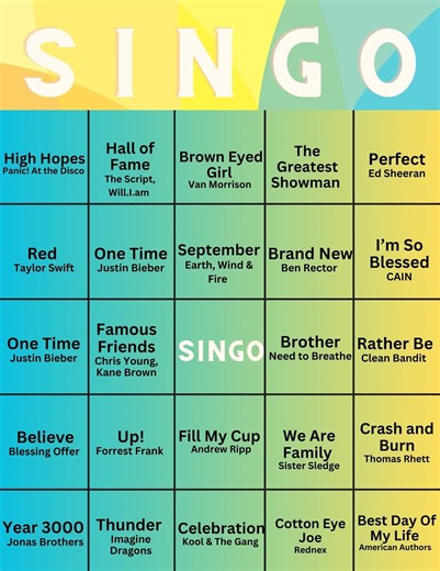 SINGO! A Version of Bingo, but With Songs! Template & Playlist Included and Ready to Play! Fun and Clean Songs for All Students - Etsy