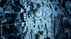 Military Scanning Ui Tracks Hagia Sophia Mosque Target Location. Military Software Ui Scans Architectural Complex Via Modern Aerial Radar System. High Tech Military Satellite Surveillance Scan Ui