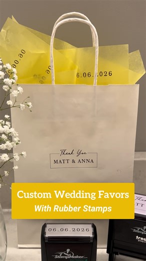 Create your wedding bags using custom rubber stamps💍 Simply upload your design to our custom stamp designer, place your order and receive a reusable rubber stamp perfect for wedding favors, cards, decorations and more! #wedding #weddingfavors #weddingdecor #thankyou #stamps #smallbusiness | TheStampMaker.com