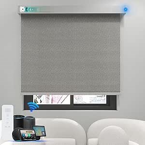 Motorized Smart Blind for Window Automatic Full Blackout Roller Shades with Remote Compatible with Alexa Rechargeable Zigbee Battery Blinds with Valance (Fabric Soft Light Grey)