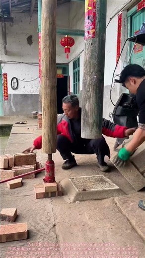 Traditional Building Restoration Replacing Ancient House Wooden Pillar Stone Base