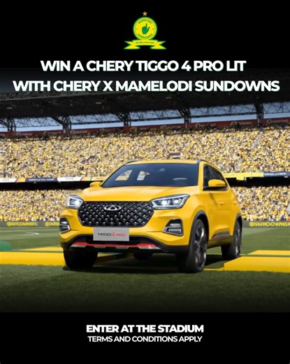 The Unveiling 👆 Every home game brings you one step closer to winning a Chery TIGGO 4 Pro LiT. 🚗🔥 How to Enter: 1. Buy a valid match ticket (no complimentary tickets, no kids’ tickets) 2. Have a valid Mamelodi Sundowns membership number 3. On game day, clearly write your name, surname, membership number and your contact number on the back of your ticket 4. Drop your ticket into the official Chery Competition Box at gates 1,2,3,4,6 and 11. Attend more home games to increase your chances of win