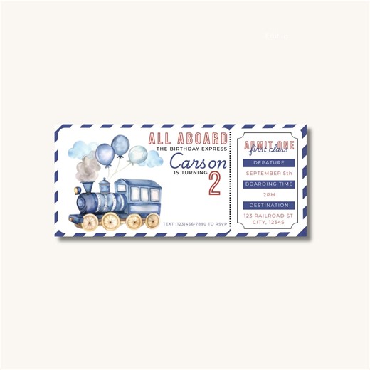 Train Birthday Invitation| Second Birthday Transportation Invite| Editable Blue Ticket Boarding Pass - Etsy