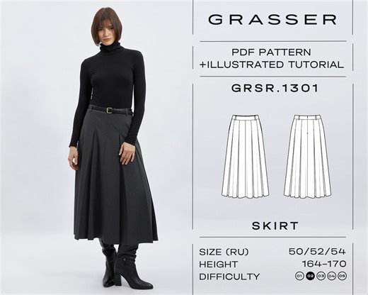 Pleated Skirt Sewing Pattern PDF Sizes 50 / 52 / 54 (RU) | Grasser Pattern No. 1301 - Etsy Canada