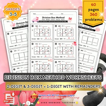 Valentine’s Day Division Box Method Math Bundle Worksheets for Grades 3–5