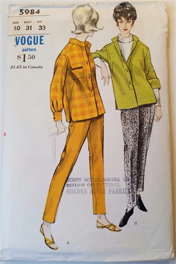 1960s Vogue 5984 Jacket and Slim Pants Pattern, Size 10, Vintage Vogue Sewing Pattern Small - Etsy