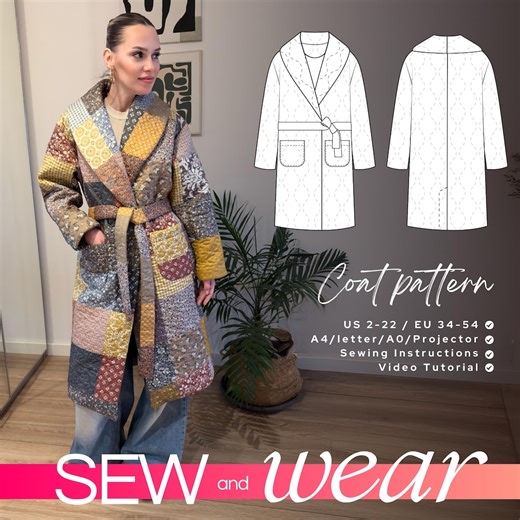 Iris Quilted Coat Sewing Pattern PDF | Oversized Collar Wrap Coat | Sizes 34–54 | A0 A4 Letter Projector - Etsy Canada