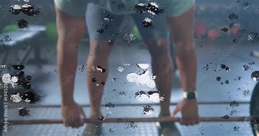 Gym man clapping chalk, sending dust, aligning stance, gripping bar, preparing lift under overlay
