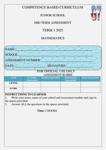 Grade 7 Mathematics Mid-Term 1 Exam 2025 with Marking Scheme