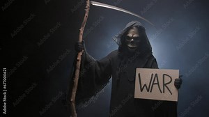 Grim reaper with a scythe holding a War sign. There is darkness and fog in the background. Symbolism and superstition. Halloween characters concept.