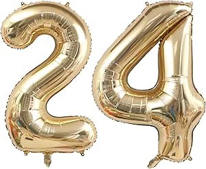 40 Inch Light Gold 24 Numbers Balloons White Gold Giant 24 Foil Mylar Helium Large Digital Balloon Champagne Gold Birthday Jumbo Balloons 24th or 42nd Anniversary Party Decorations Supplies