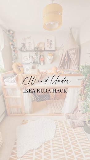 Ikea Kura Hack for less than £10... One day I will give the ikea kura a proper face-lift and upcycle it into something fabulous for George, but until then it's fun to try some super affordable decor ideas to make it a cool space for him, and Evie ❤️👫 I used Ikea Lill £4 curtains and some leftover curtain wire to create an easy curtain for underneath the Kura where the children read together, play together, and have sleepovers together. I'm going to make this budget decor a series...£10 affordab