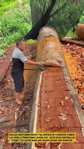 Manual Log Surface Flattening using Heavy Axe - Good Tools and Machinery in Daily Work
