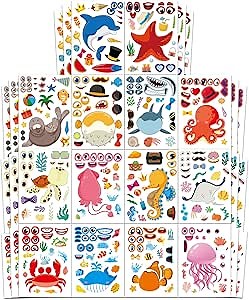 Aowplc 42 Pcs Ocean Animals Make-a-Face Sticker Sheets for Kids - 14 Sea Creature Designs for Party Favors, Classroom Activities, Arts & Crafts