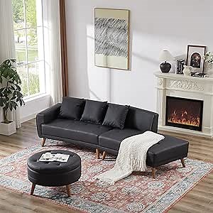 107" Contemporary Sofa Black Modern Couch with a Round Storage Ottoman and Removable Pillows for Living Room