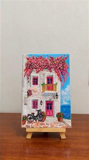 Beautiful Mediterranean House Painting on Mini Canvas | Easy Acrylic Art #Shorts