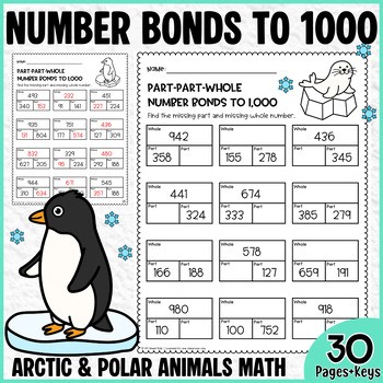 Number Bonds to 1000 Worksheets | Arctic & Polar Animals Missing Part Part Whole
